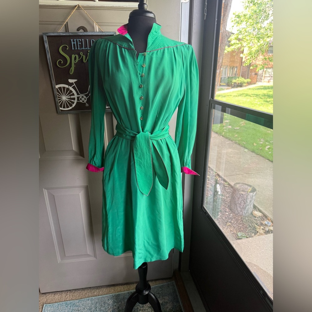 Vintage Starington silk belted color block shirt dress, size 8